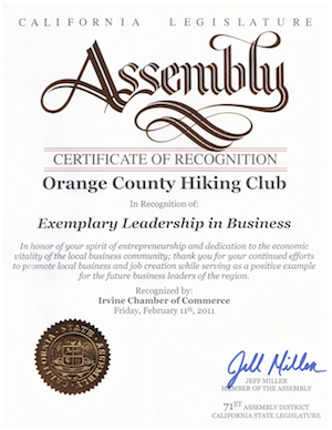 Exemplary Leadership award OC Hiking Club